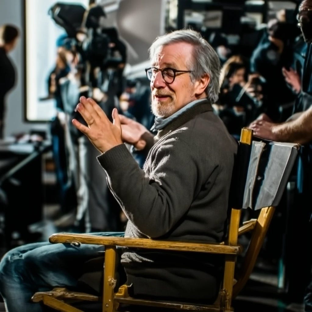 Steven Spielberg sitting in directors chair directing movie
