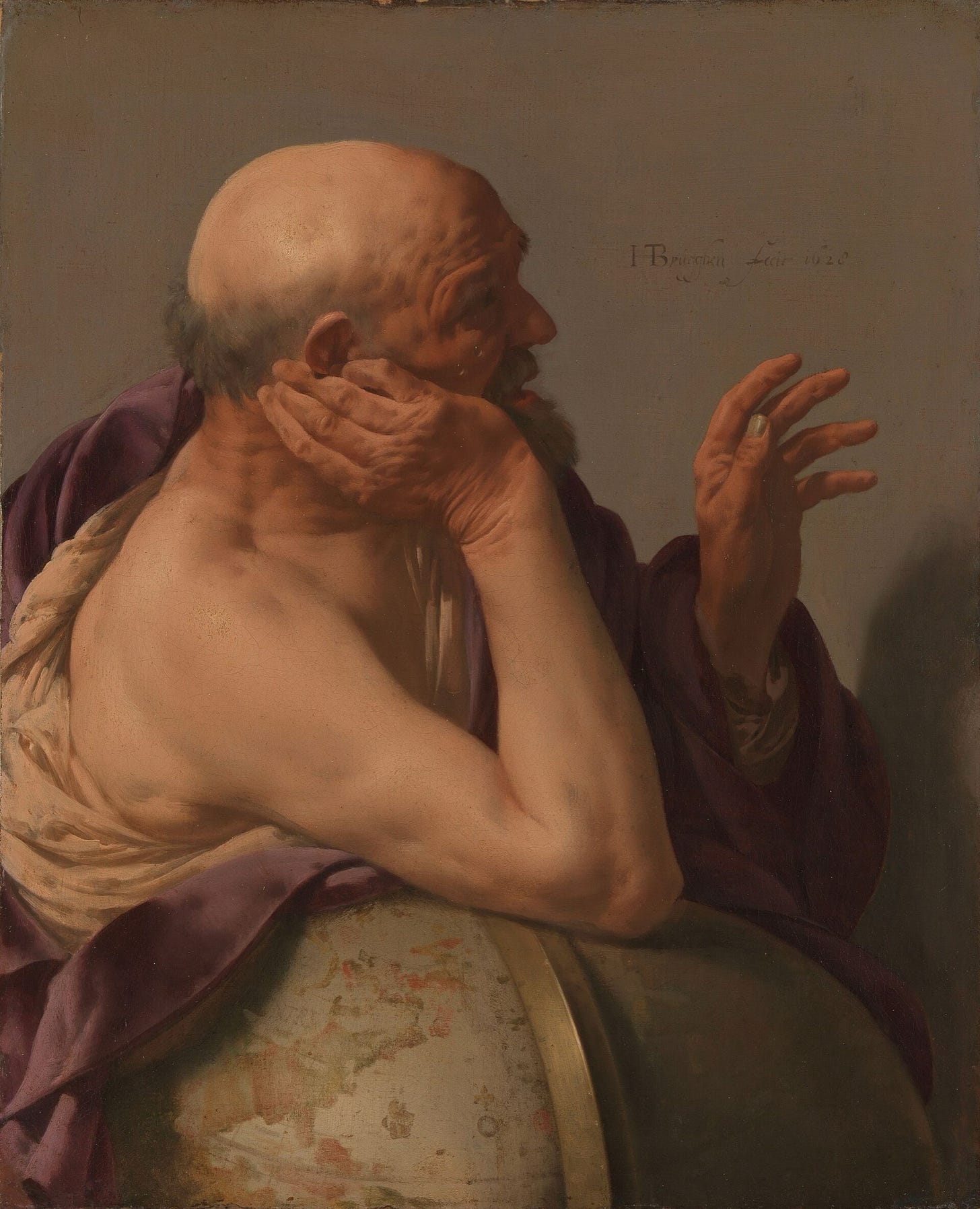 Ter Brugghen’s Heraclitus: an old bald man leans on a globe, cheek in one hand, gesturing with the other.