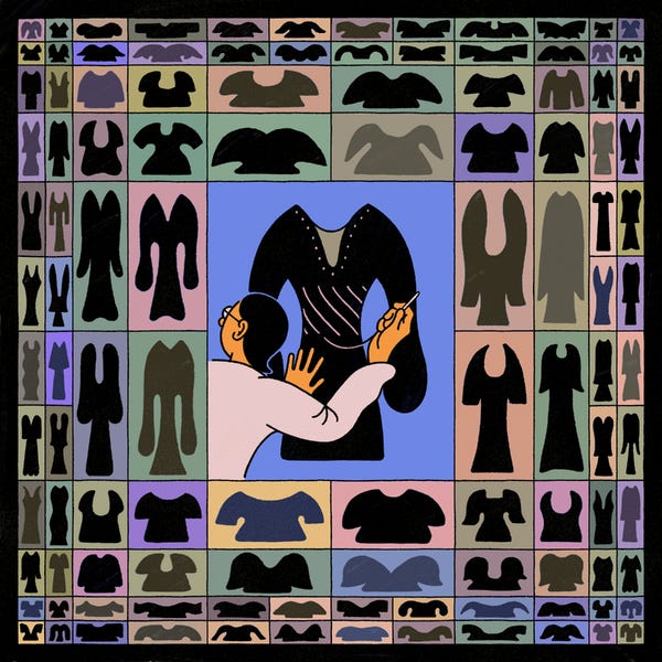 An illustration of dozens of dress designs surrounding a person working on a dress. An illustration of dozens of dress designs surrounding a person working on a dress.