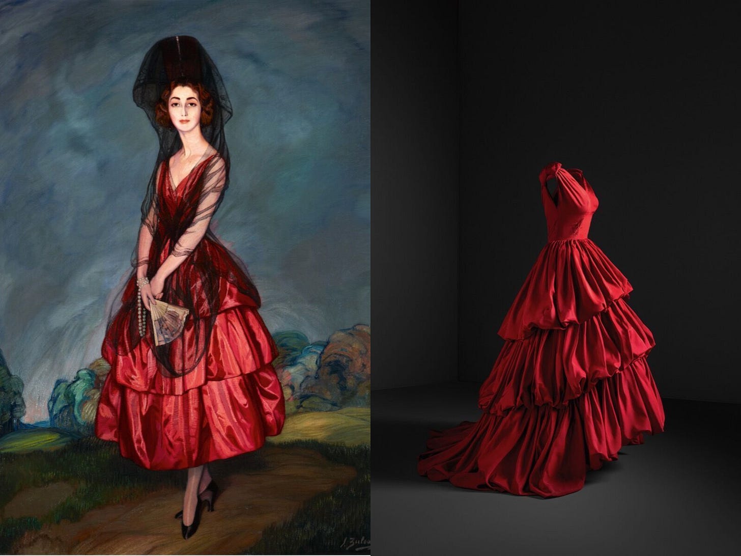 Duchess of Alba by María del Rosario de Silva (Left) and Taffeta Evening Gown, 1952 by Cristóbal Balenciaga (Right). Courtesy Museo Thyssen Bornemisza