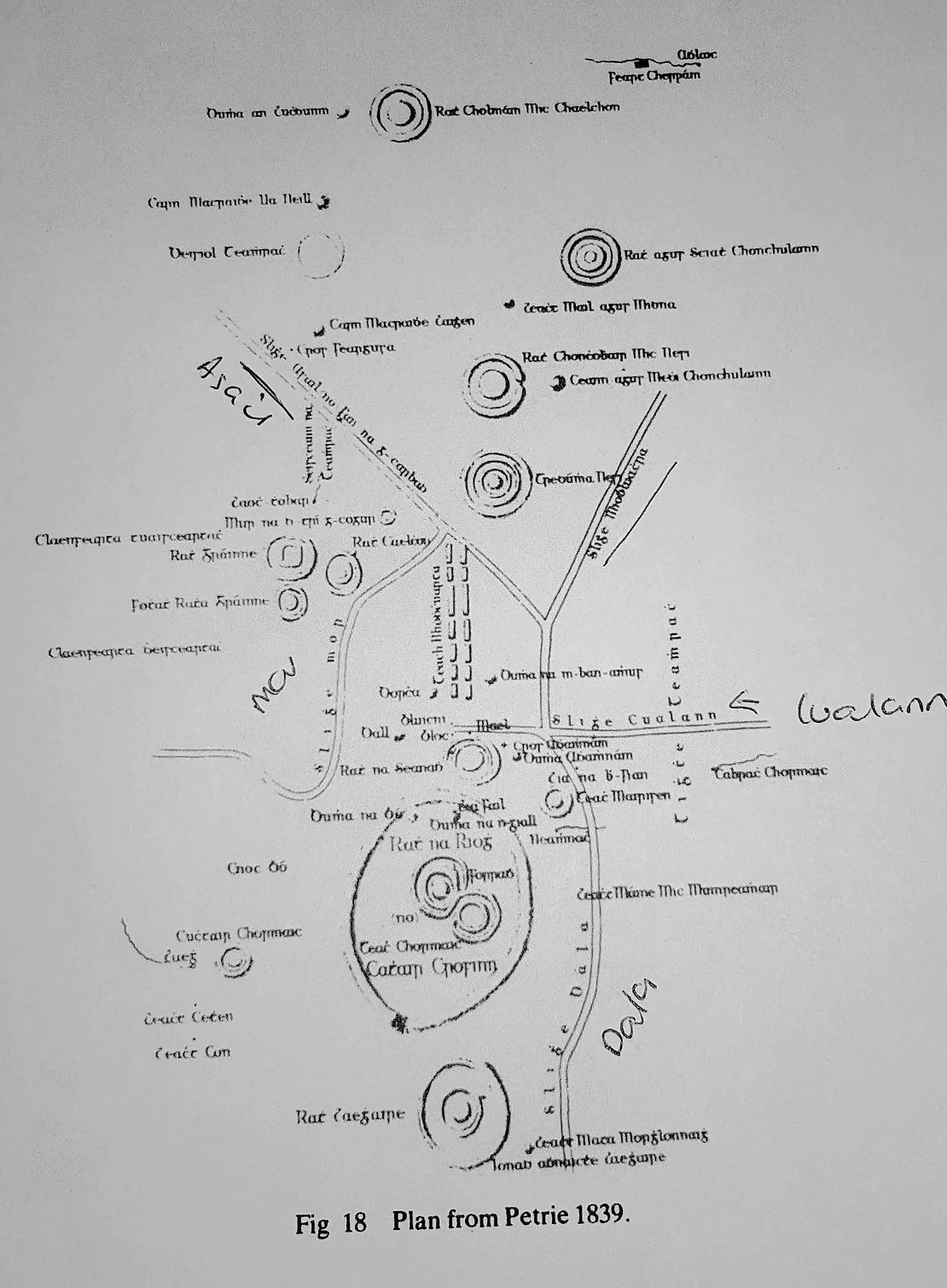 Black and white image of Petrie's plan of the roads meeting at Tara,