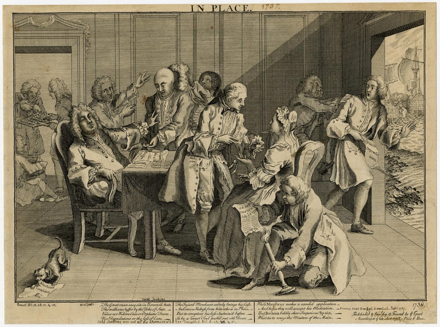 El pirata inglés Robert Jenkins (1731-1739) muestra a Robert Walpole su oreja mutilada por el capitán español Fandino en La Habana en 1731, un castigo común en España considerado por la Corona británica como causa de guerra.