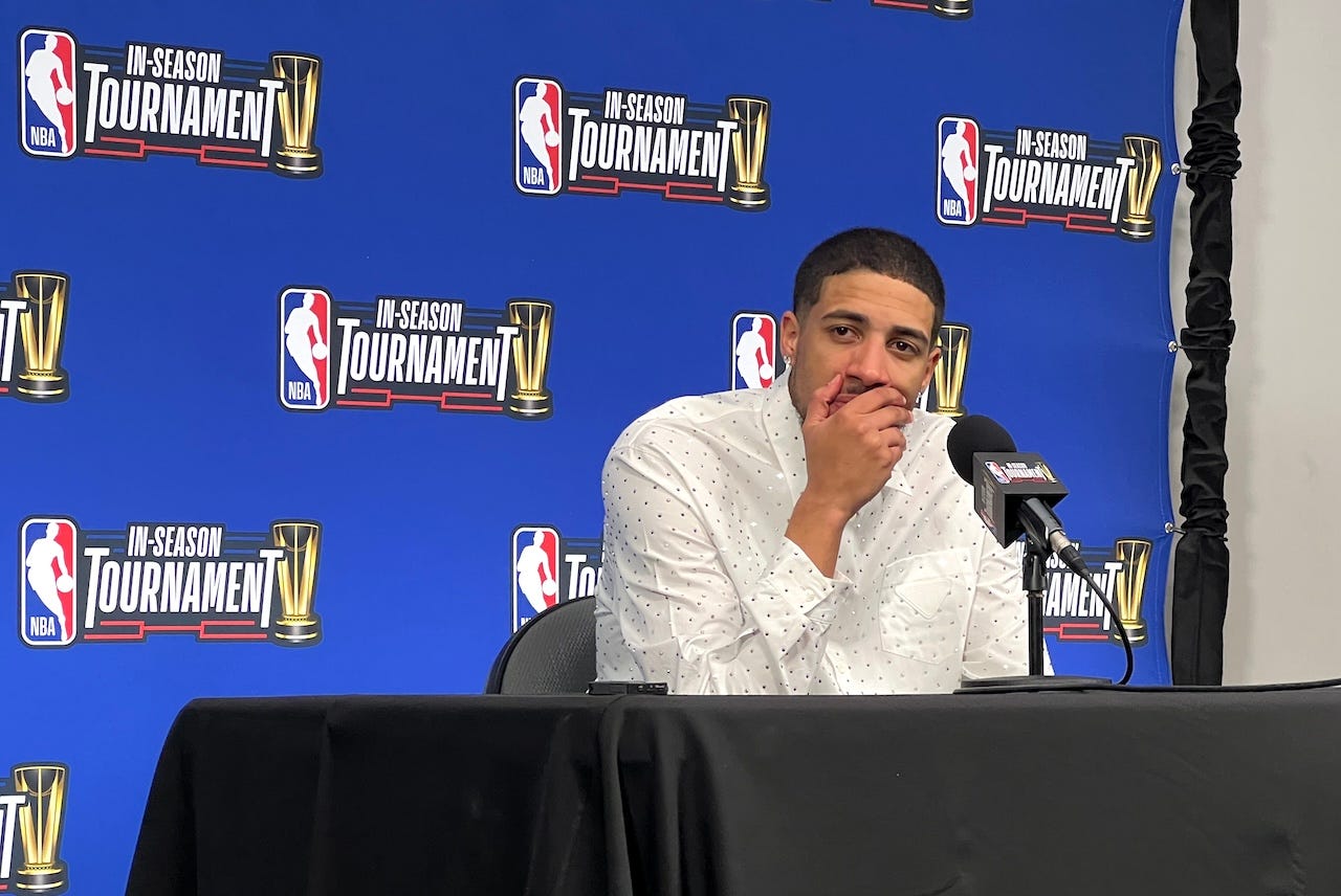 Tyrese Haliburton at the podium after their loss in the tournament championship in Las Vegas.