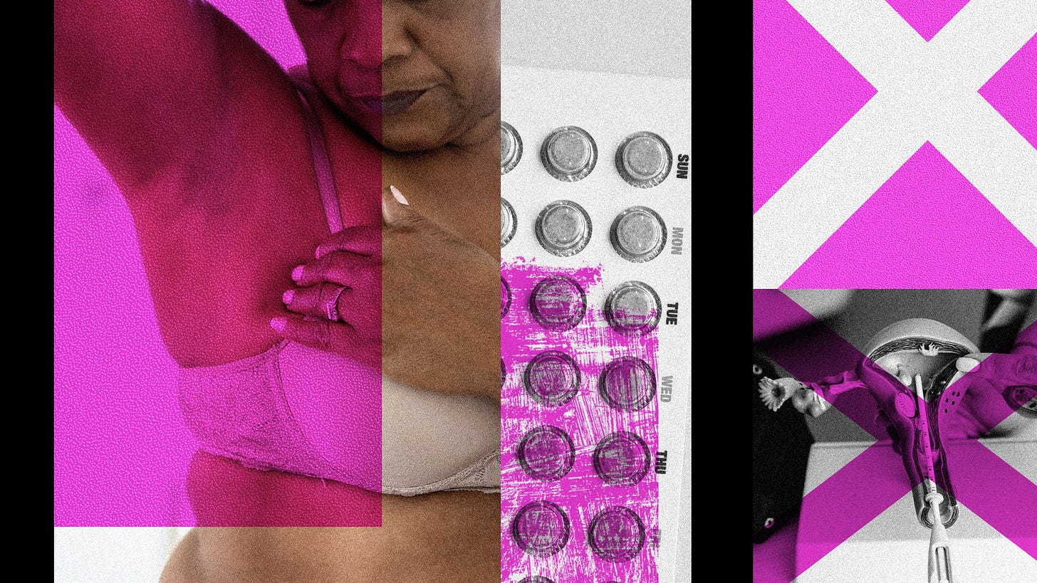 Collage of a woman doing a breast exam birth control pills a uterus diagram and big X's