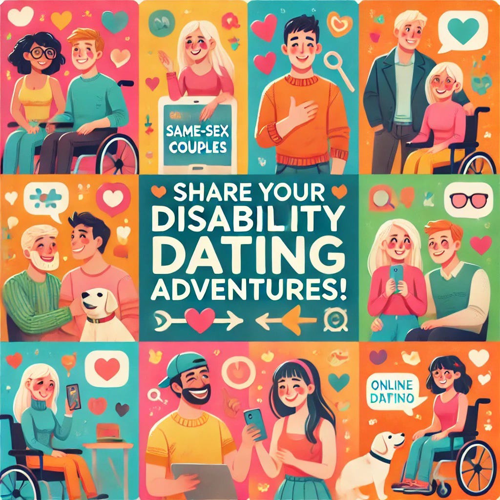 The image is a colorful and inclusive social media graphic that celebrates diversity in dating. It features:    1. A same-sex couple smiling warmly at each other, one person using a wheelchair.   2. Another couple where one individual is visually impaired, shown interacting with a guide dog, alongside their partner.   3. A non-binary individual holding hands with their partner, showcasing gender diversity.    The background is filled with vibrant, warm tones like pinks, oranges, and yellows, enhanced by decorative hearts, phones, and laptops to symbolize online dating.    The bold and cheerful text overlay reads: **"Share Your Disability Dating Adventures!"**, inviting viewers to engage with the topic.    The overall vibe is inclusive, inviting, and celebratory, ensuring representation across different relationships and identities.
