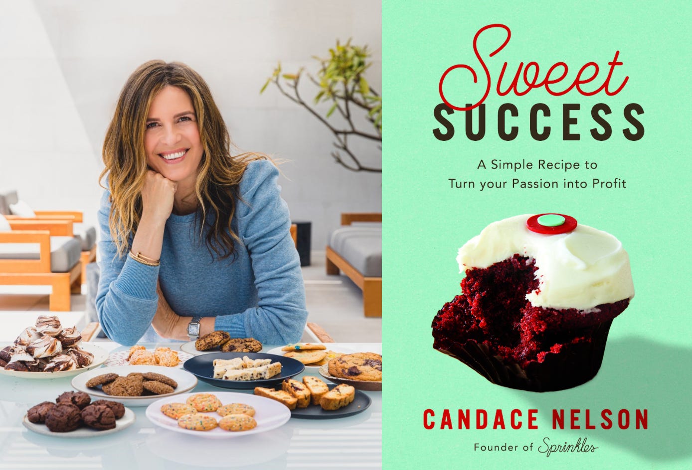 Female founder Candace Nelson posing with her dishes, collaged with a cover of her book titled Sweet Success Female founder Candace Nelson posing with her dishes, collaged with a cover of her book titled Sweet Success