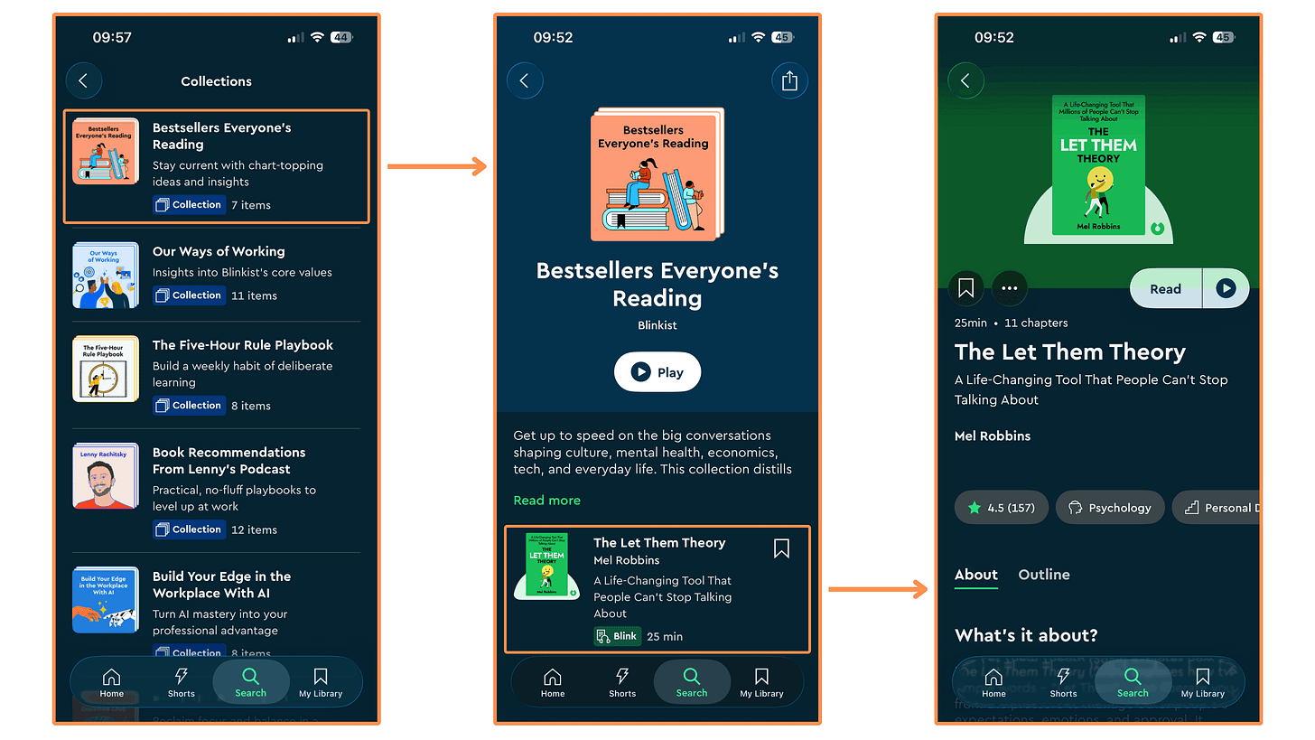 Blinkist’s Collections (mobile app + dark mode)