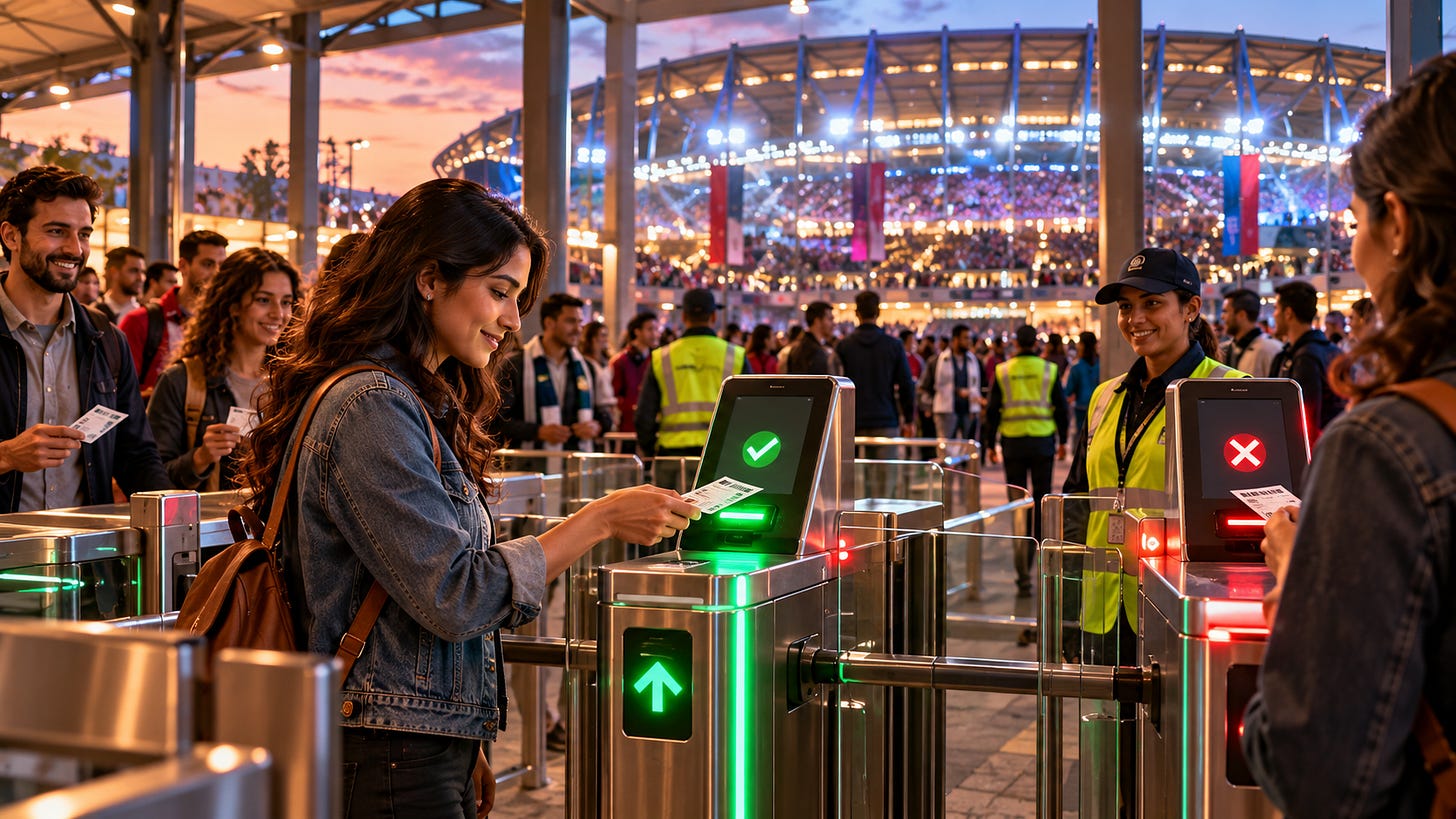 Concert stadium turnstile preventing duplicate entry from the same ticket scan. Concert stadium turnstile preventing duplicate entry from the same ticket scan.