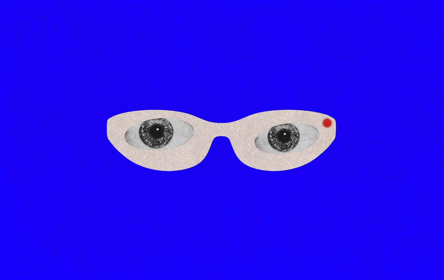 A pair of stylized eyes with detailed iris and pupil details on a cream-colored mask against a bright blue background, with a small red dot on the upper right.