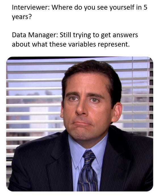 Michael Scott's face, with the words "Interviewer: Where do you see yourself in 5 years?" "Data Manager: Still trying to get answers about what these variables represent."