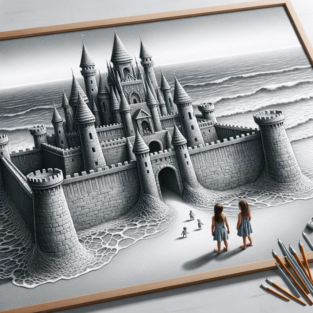 Drawing of a grayscale sandcastle on a beach, meticulously detailed with towers and walls, as children admire their creation.
