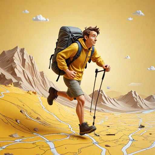 Cartoon man running along a windy map