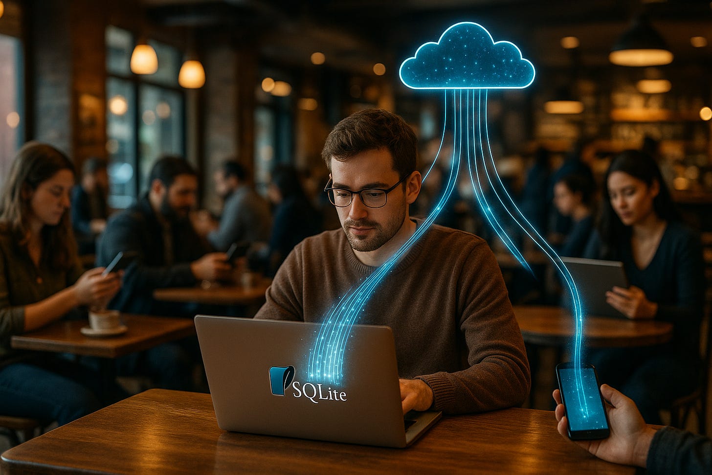 A focused man uses an SQLite-powered laptop in a café, as glowing data streams connect his laptop and phone to a digital cloud above. A focused man uses an SQLite-powered laptop in a café, as glowing data streams connect his laptop and phone to a digital cloud above.