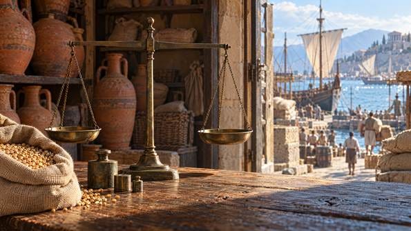A bronze balance and an open sack of grain on a Roman merchant’s counter, with a working harbour beyond the doorway.