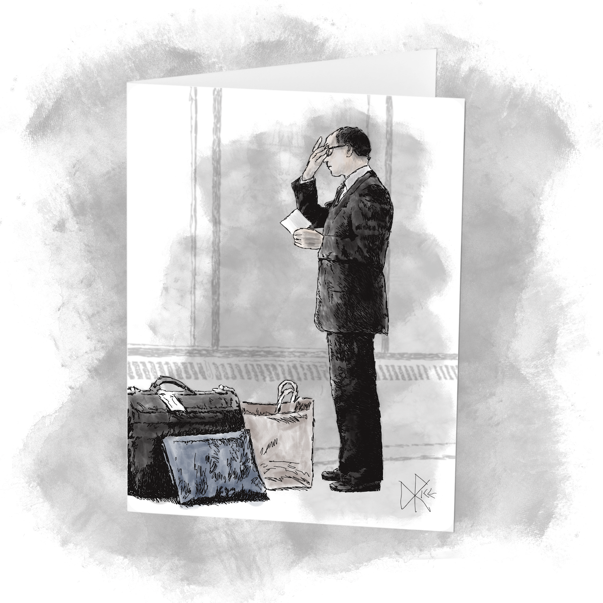 A man waits for airplane boarding call. Sketch art by Don Rice.