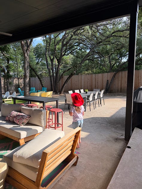 Clementine loving the outdoors, the gorgeous Airbnb, my Dr. Pepper icee, Teddy the Toad, Scout's cake by Nana, and my dearly missed steak-finger basket from Dairy Queen!