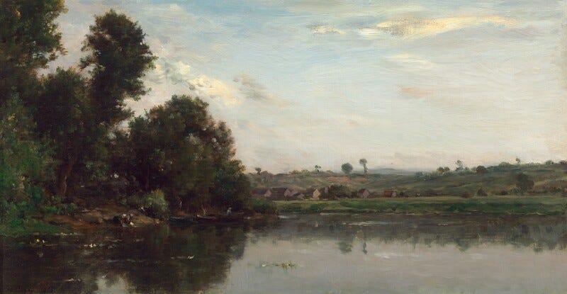 This painting shows a tranquil river scene with a distant horizon on the left showing rolling landscapes, trees, and small brown buildings across calm water. Closest to us, on the left, clusters of trees with dark branches hang over the water, casting reflections on the water's gray surface. There appear to be two people at the edge of the water who are kneeling down, but the details are unclear. The sky is light blue with small white clouds drifting across it. The color palette includes deep greens, browns, blues, and whites, and the brushstrokes are visible, with long, thick strokes for the sky and background, and shorter, dotted ones in the trees.