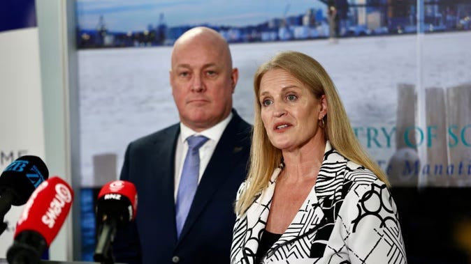 Prime Minister Christopher Luxon and Minister for Social Development and Employment Louise Upston during an announcement on Jobseeker in Ellerslie on October 5, 2025. NZ Herald photograph by Dean Purcell