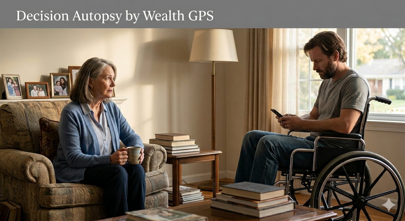 An older woman sitting in a cozy armchair holding a mug, looking thoughtfully at her adult son, who is sitting in a wheelchair nearby while looking down at his phone. The banner at the top of the image reads "Decision Autopsy by Wealth GPS." An older woman sitting in a cozy armchair holding a mug, looking thoughtfully at her adult son, who is sitting in a wheelchair nearby while looking down at his phone. The banner at the top of the image reads "Decision Autopsy by Wealth GPS."
