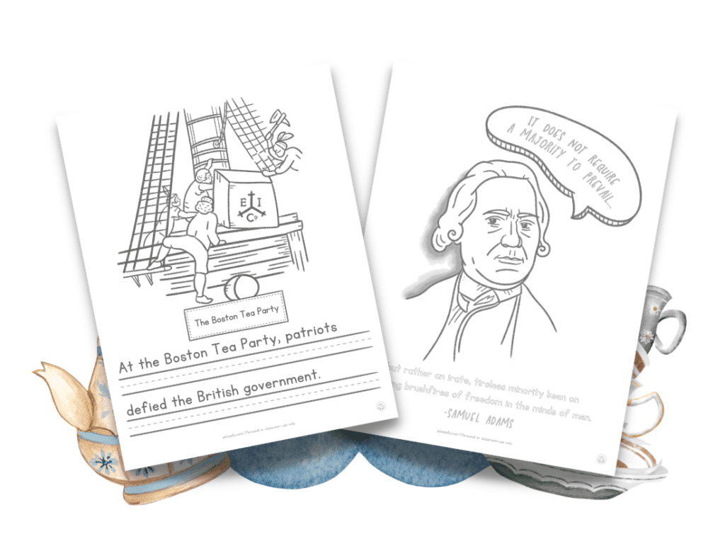 This image pictures two different Boston Tea party printables: one with a picture of the patriots dumping the tea and one with Sam Adams.