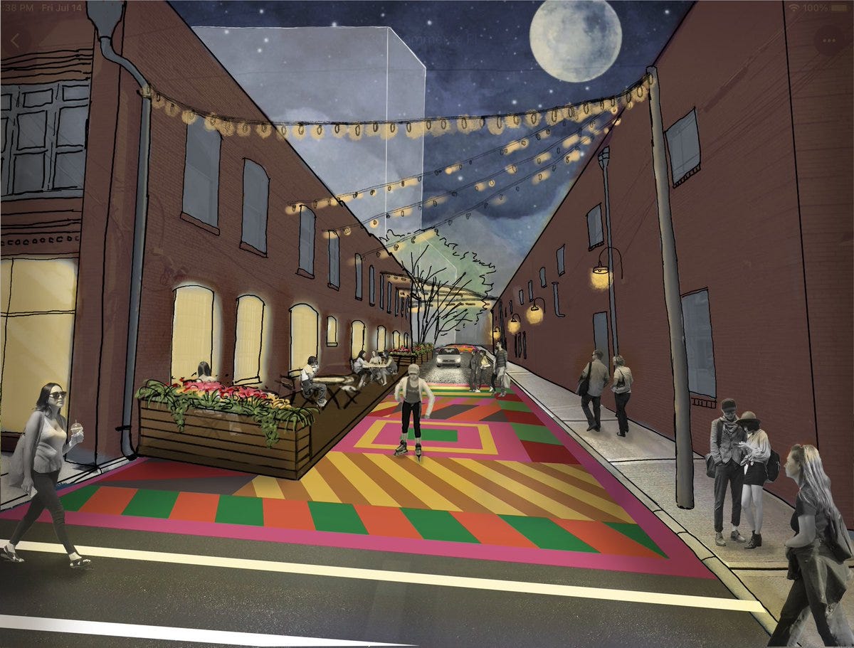 An artist collage of Commerce Place in Downtown Raleigh, showing the street with colorful painted mural, and people in black and white walking around.