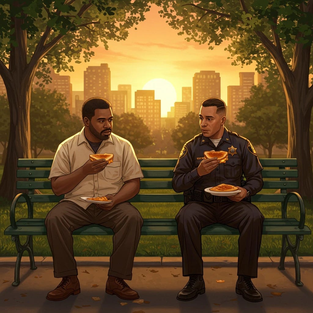 Rodney King and police office eating grilled cheese sandwiches Rodney King and police office eating grilled cheese sandwiches