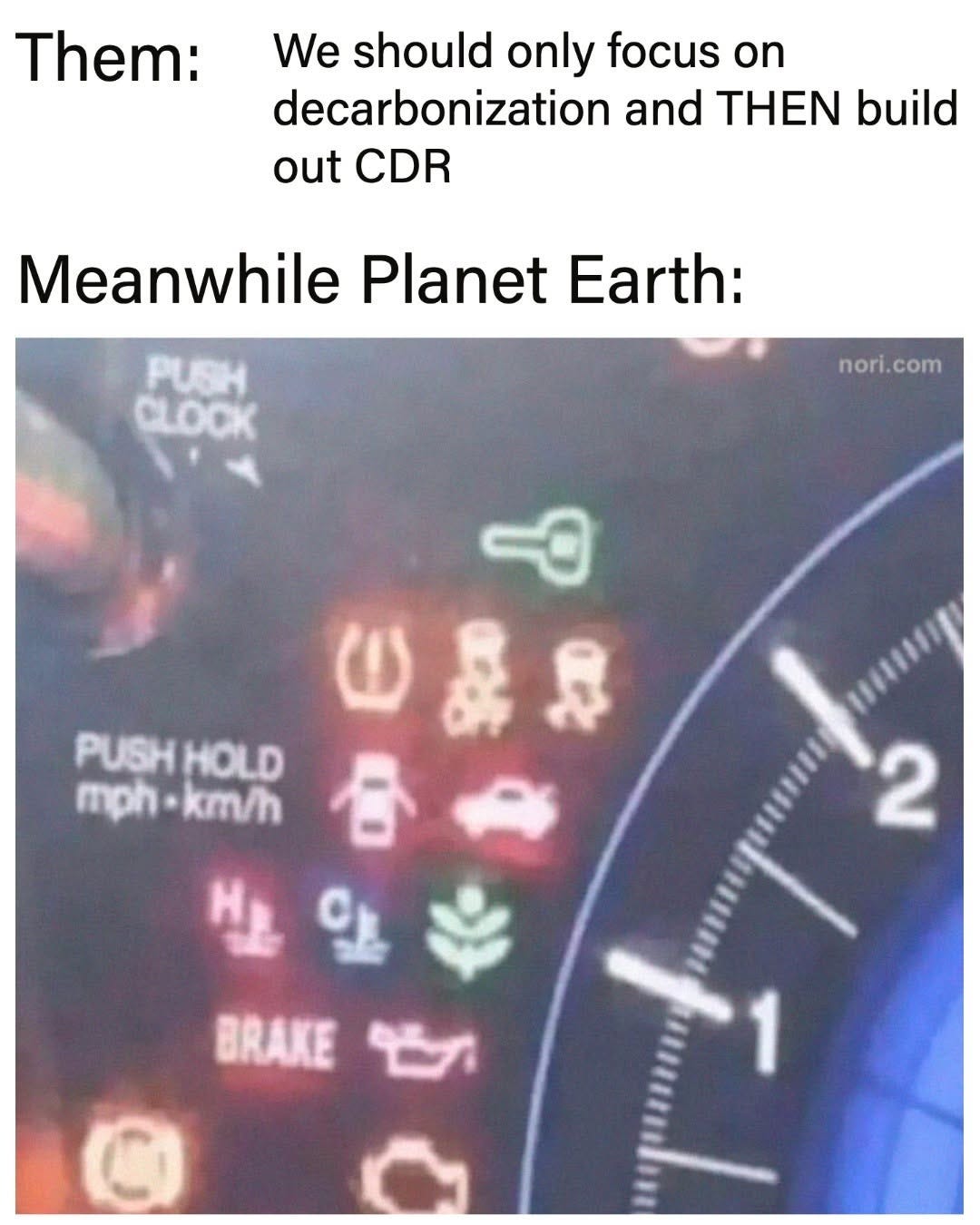 Text reading "Them: We should only focus on decarbonization and THEN build out CDR. Meanwhile Planet Earth:" above a car dashboard with every warning light lit.