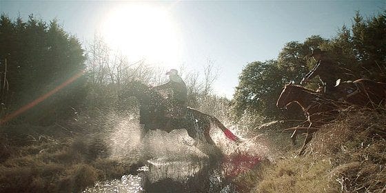 Walker Jared Padalecki running through a stream bareback with horse and Dave. Walker Jared Padalecki running through a stream bareback with horse and Dave.