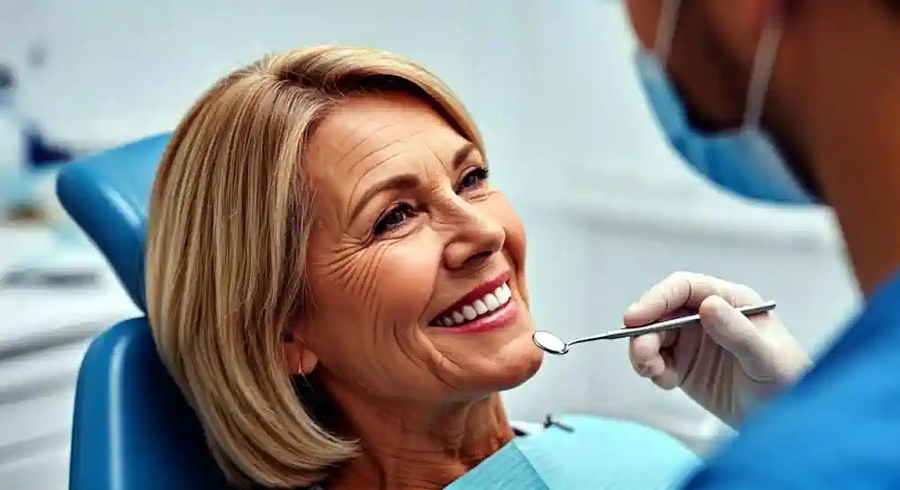 A radiant senior woman sitting in a dentist's chair, smiling while a dentist examines her teeth.