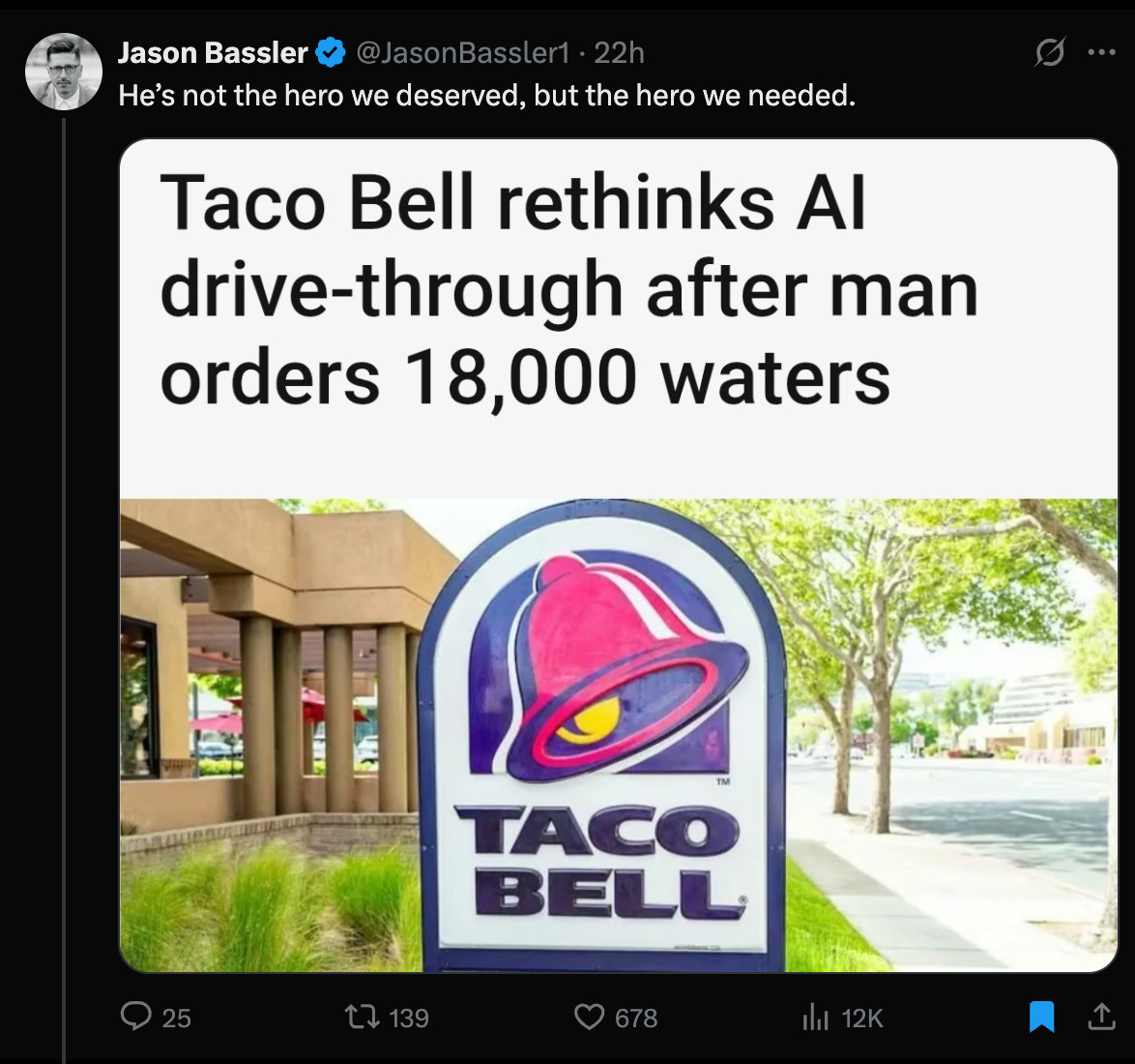 Taco Bell rethinks AI drive-through after man orders 18,000 waters Taco Bell rethinks AI drive-through after man orders 18,000 waters