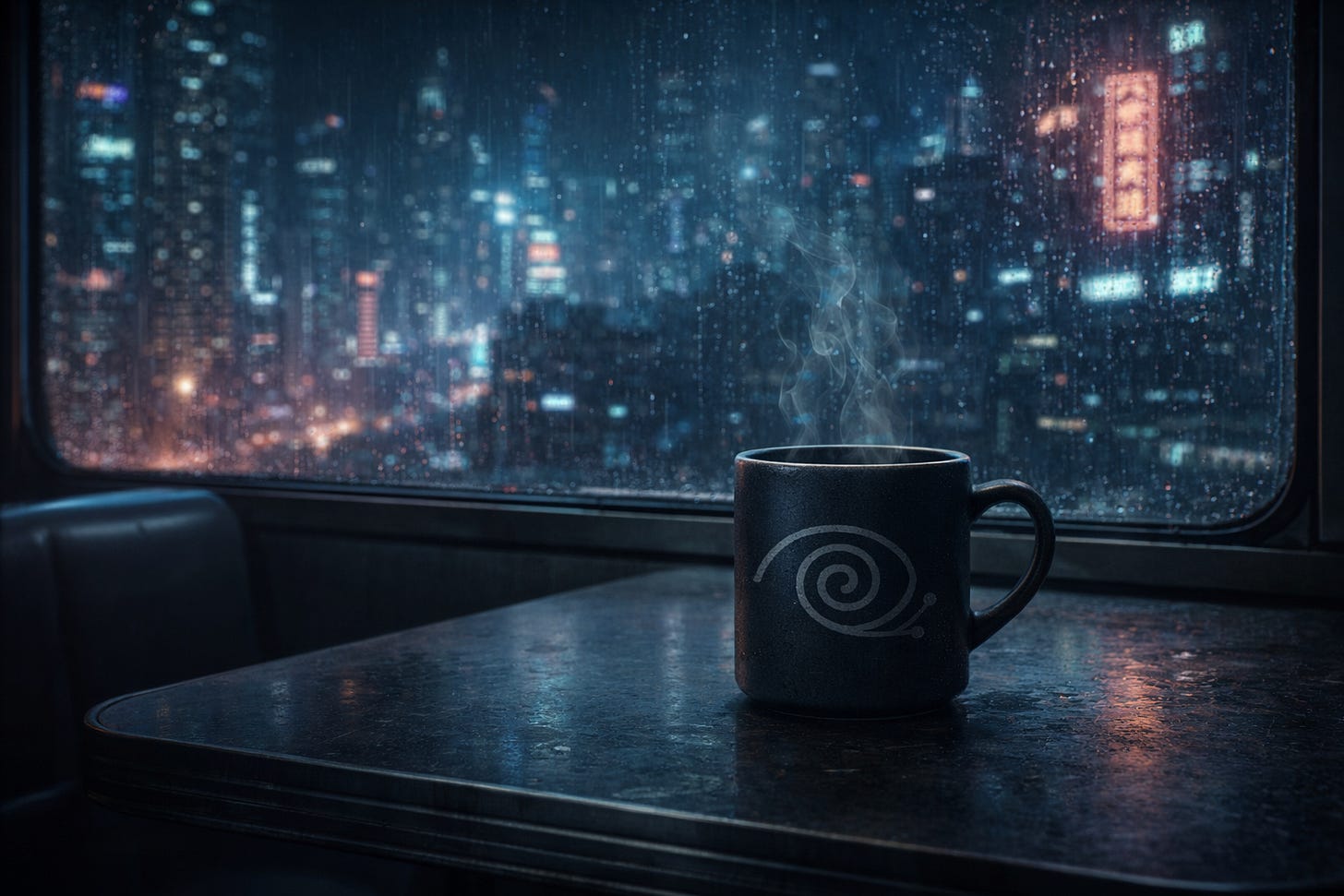 A steaming black mug with the Eyeball sigil sits on a diner table by a rain-streaked window, neon city lights glowing in a futuristic night outside.