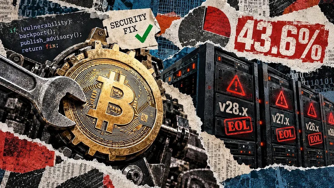 Editorial collage of a Bitcoin gear under repair beside outdated server nodes, highlighting security updates and 43.6% unsupported installations. Editorial collage of a Bitcoin gear under repair beside outdated server nodes, highlighting security updates and 43.6% unsupported installations.