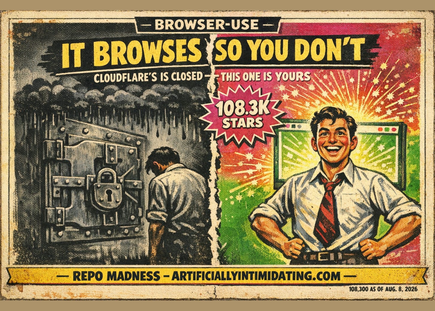 A campy 1930s-style exploitation movie poster split down the middle by a jagged lightning bolt. On the left, in sickly green, an office worker slumps at a desk while an enormous disembodied hand reaches out of a dead grey screen and pins their hand to the mouse, smoke curling into serpent heads around them. On the right, in blazing magenta and yellow, the same worker stands with arms wide as a small glowing browser window floats free above their open palm, running by itself. Large lettering reads "BROWSER-USE — IT BROWSES SO YOU DON'T."