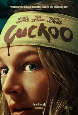 film poster for Cuckoo showing a close up of a woman's face with a bloody bandage on her forehead