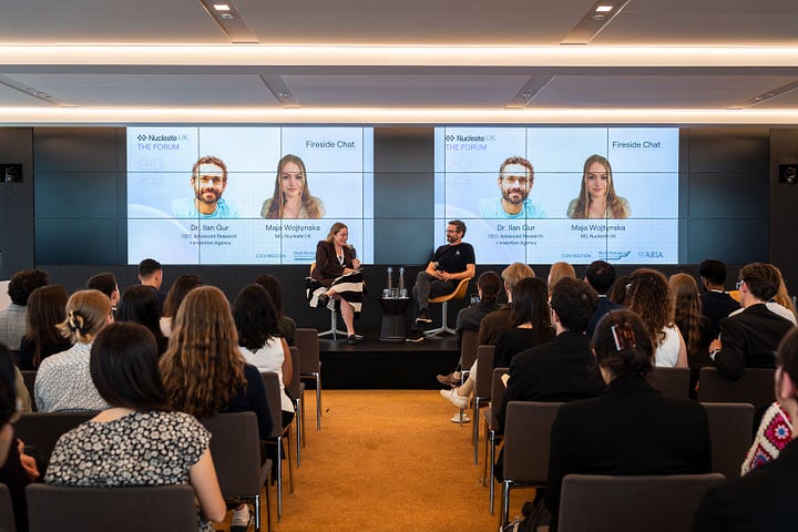 Two photos of an event, showing people speaking on stage and networking.
