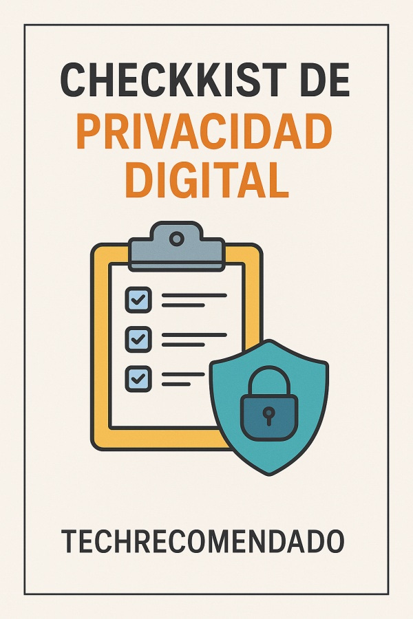 Checklist ilustrado sobre privacidad digital con escudo y candado, marca TechRecomendado.