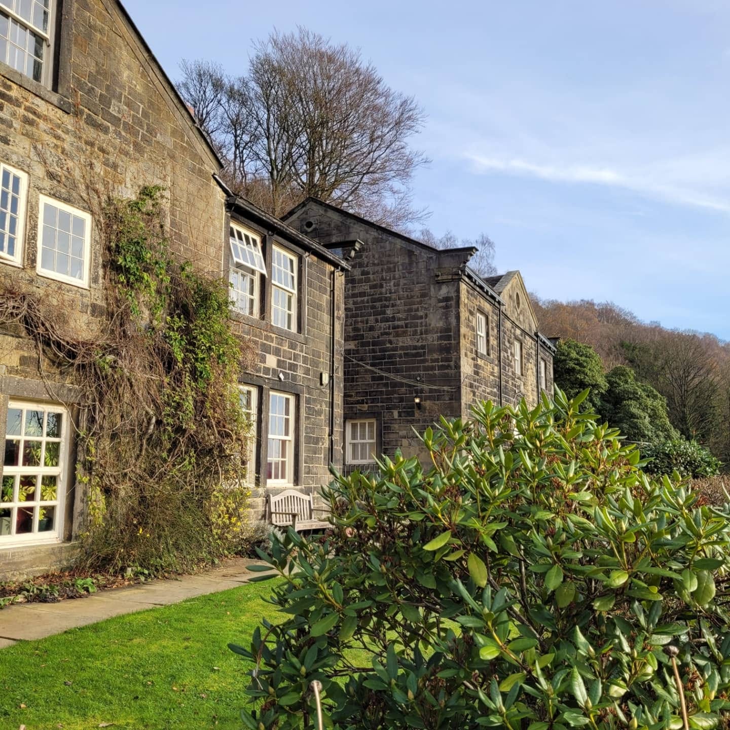 Clear blue winter skies over a beautiful old house. Lumb Bank used to belong to Ted Hughes. It is now home to many Lumb Bank courses