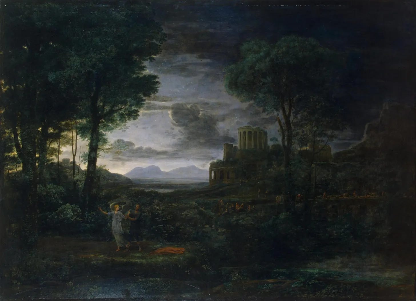 Claude Lorrain — Landscape depicting Jacob wrestling with the angel (at night) (1672)