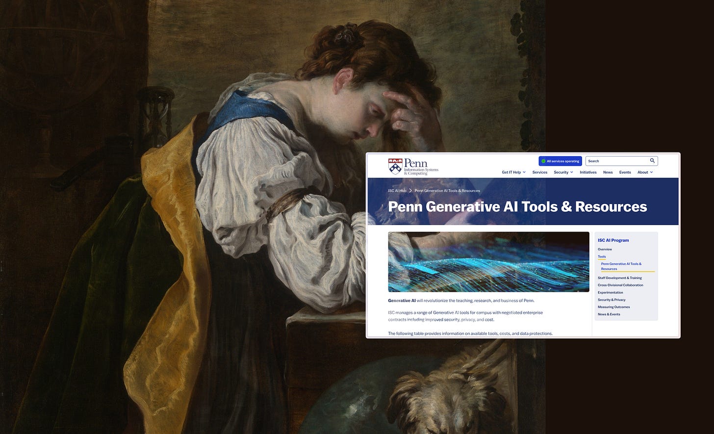 a figure in Domenico Fetti's melancholia painting looks at a skull that is overlaid with penn's webpage on generative AI tools and resources