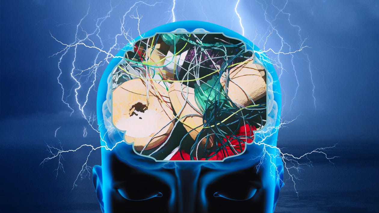 Inside a person's brain, a bunch of thread spools lie tangled up. All around, a lightning storm rages.