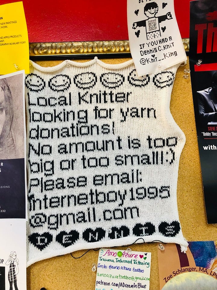 Two photos of flyers, one is a knit flyer asking for yarn donations and the other is a cardboard flyer advertising a mending circle