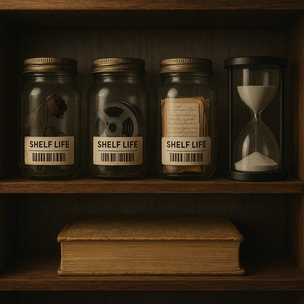 Jars on a shelf labeled with barcode stickers that say "shelf life." One jar has a rose inside, the next a film reel, the next with paper, the last an hour glass.