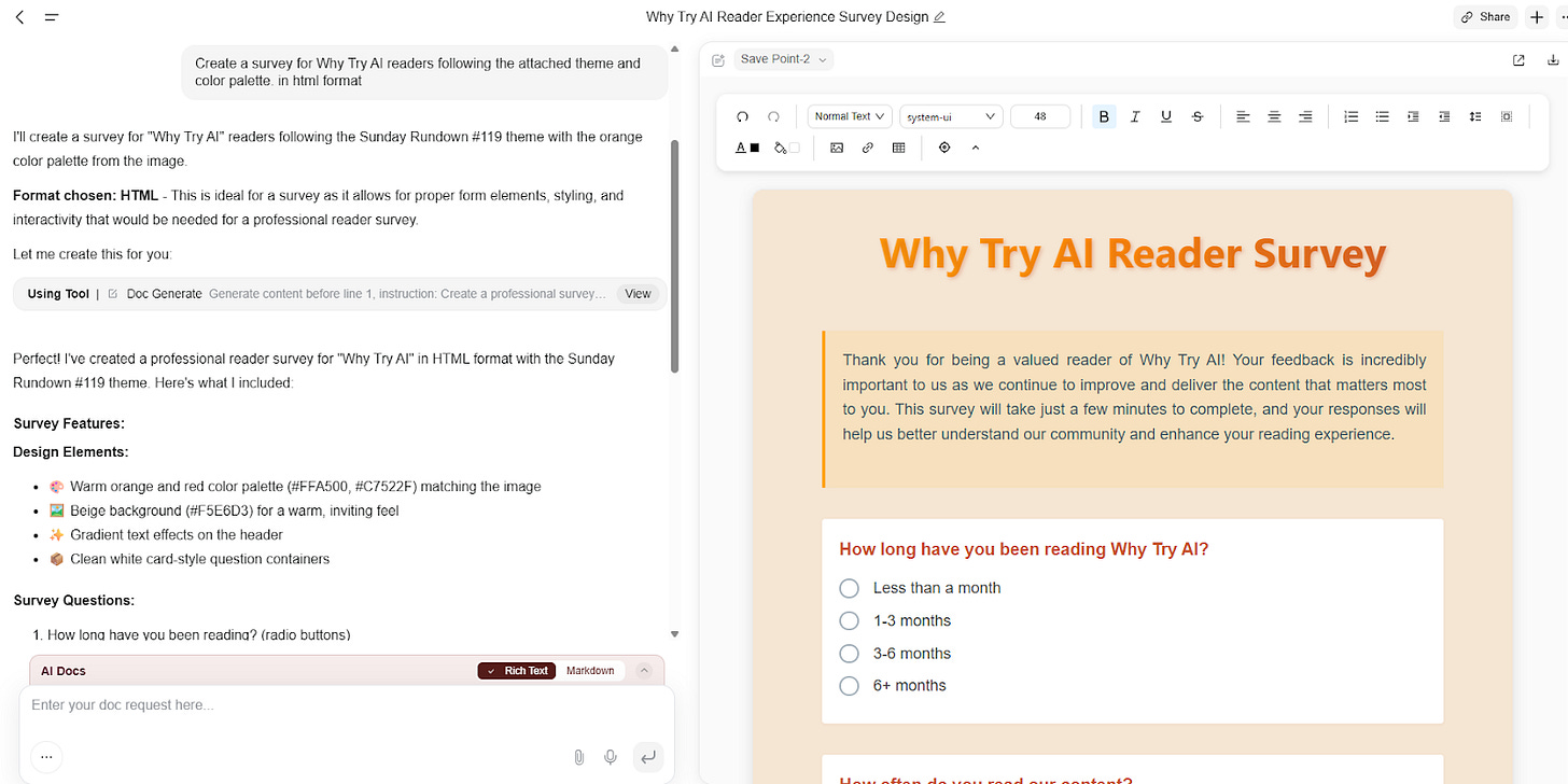 Screenshot of Genspark AI designing a Why Try AI reader survey in HTML, showing survey questions, styled layout, and automated document generation features