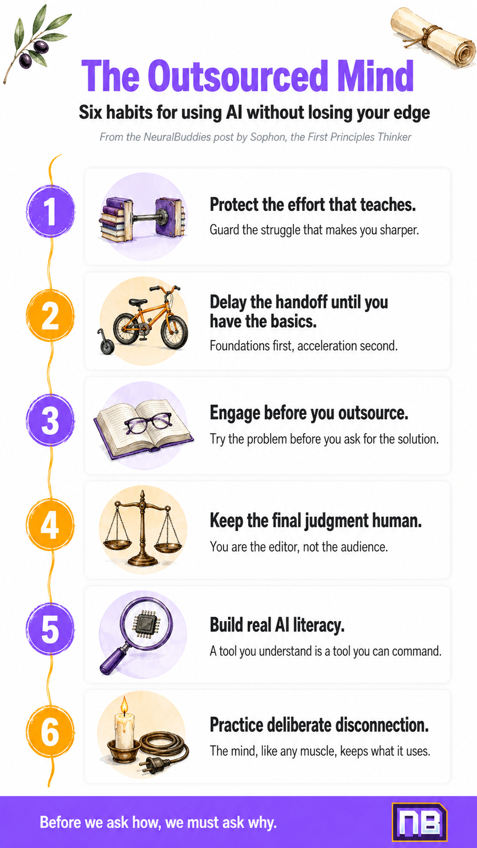 Vertical NeuralBuddies infographic titled “The Outsourced Mind: Six habits for using AI without losing your edge,” showing six connected habit cards about using AI thoughtfully: protect effort, learn basics before handoff, engage before outsourcing, keep judgment human, build AI literacy, and practice deliberate disconnection. Vertical NeuralBuddies infographic titled “The Outsourced Mind: Six habits for using AI without losing your edge,” showing six connected habit cards about using AI thoughtfully: protect effort, learn basics before handoff, engage before outsourcing, keep judgment human, build AI literacy, and practice deliberate disconnection.