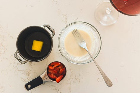 step by step photos for making a single serve strawberry cobbler
