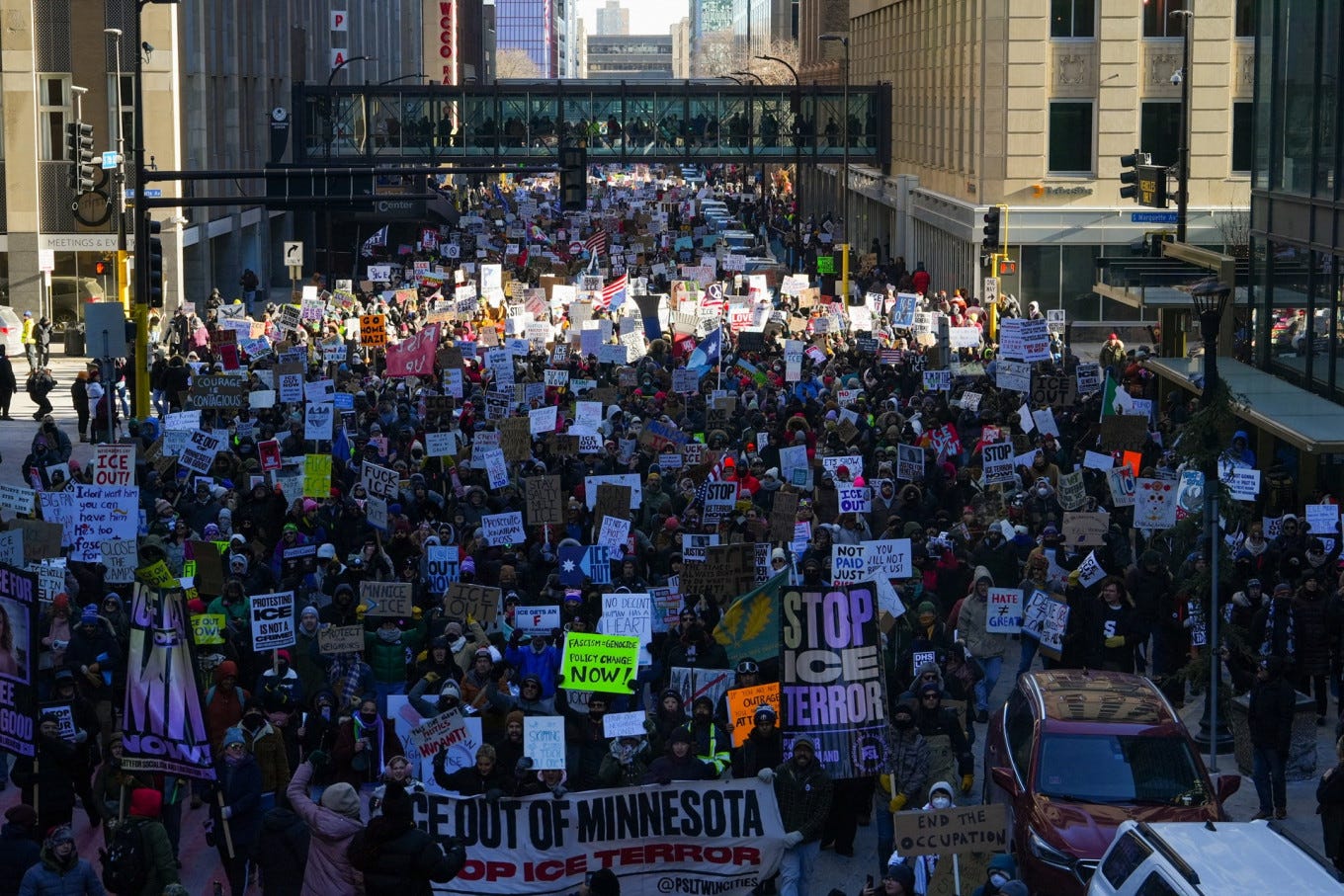 Demonstrators attend an “ICE Out“ protest in Minneapolis, Minnesota, the United States, on Jan. 30, 2026 after the fatal shootings of Renee Nicole Good and Alex Pretti by US federal immigration agents.