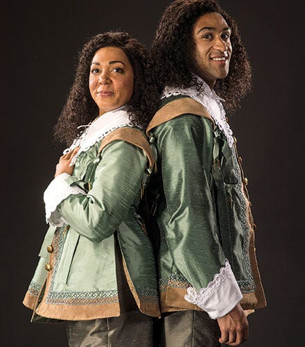 Same pose with Black actors: Sarah Hollis (left) as Viola and Tristan Turner as Sebastian in Twelfth Night.