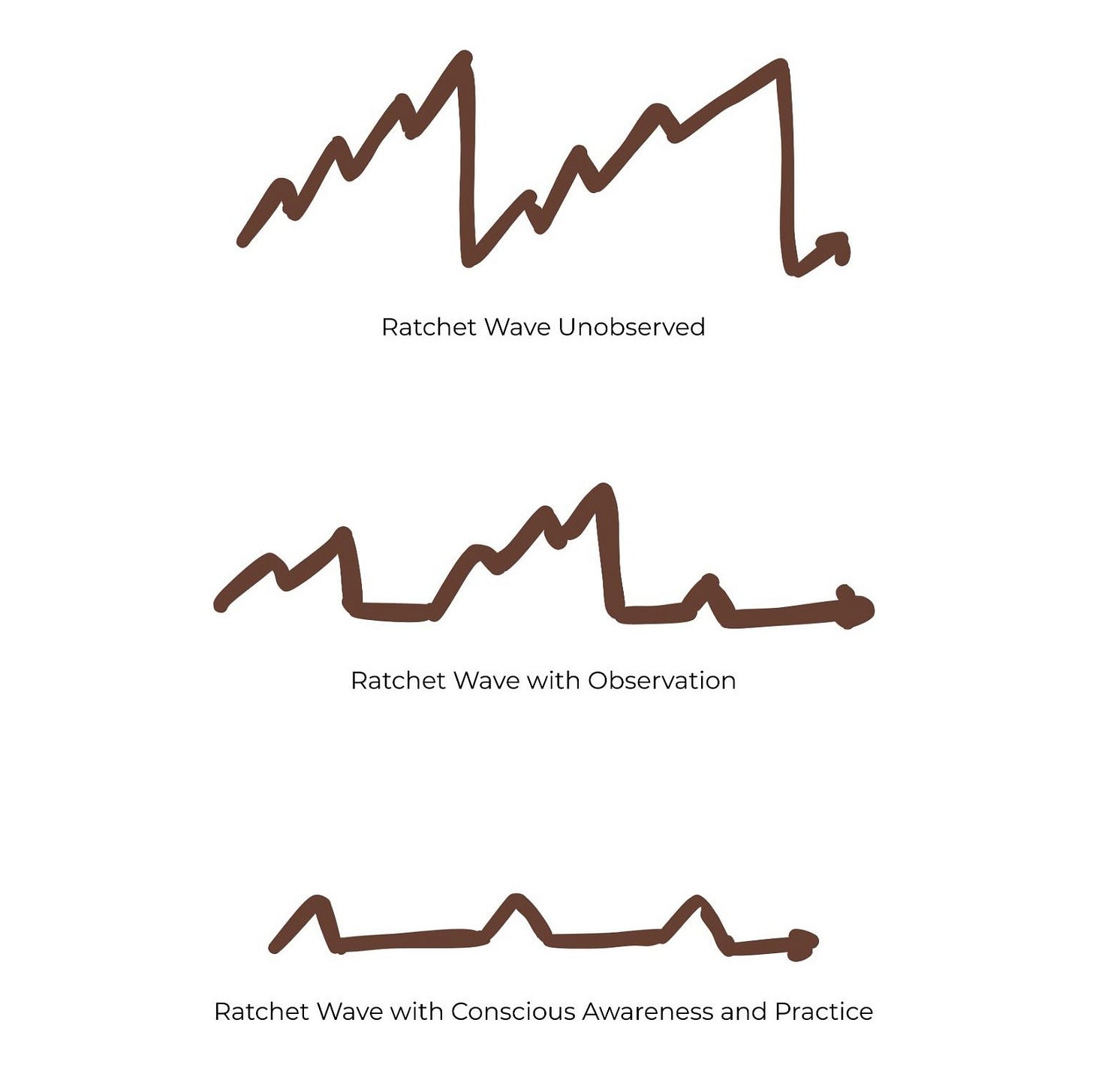 Three versions of Ratchet waves. The first is normal, the second has fewer peaks and breaks between ramping up, and the third one is small peaks with breaks between them. The first is labeled "Ratchet Wave Unobserved." The second one is labeled "Ratchet Wave with Observation." And the third one is labeled "Ratchet Wave with Conscious Awareness and Practice." Three versions of Ratchet waves. The first is normal, the second has fewer peaks and breaks between ramping up, and the third one is small peaks with breaks between them. The first is labeled "Ratchet Wave Unobserved." The second one is labeled "Ratchet Wave with Observation." And the third one is labeled "Ratchet Wave with Conscious Awareness and Practice."