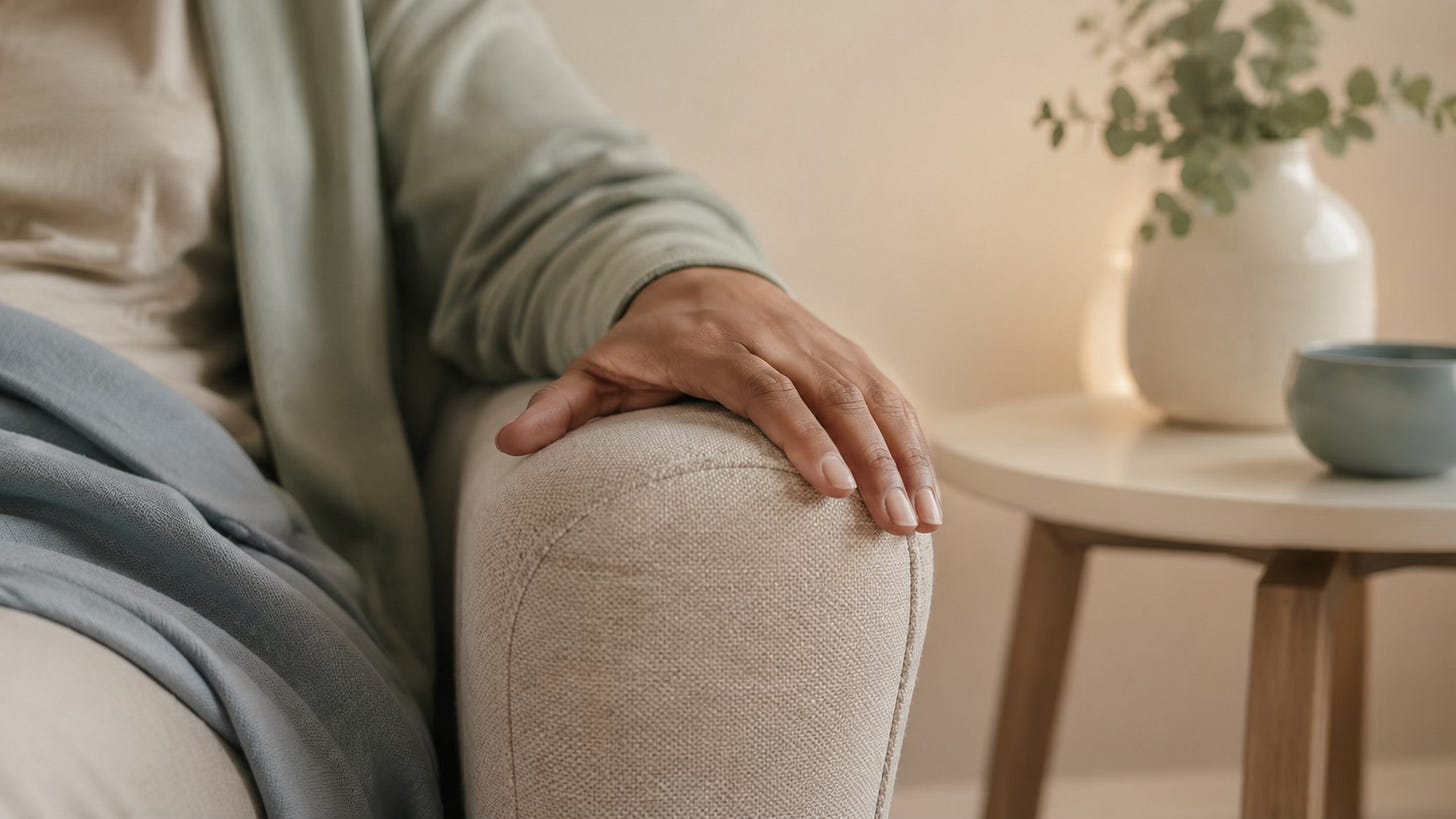 Close-up of a hand resting on a chair arm, representing subtle body cues of tension and nervous-system activation.
