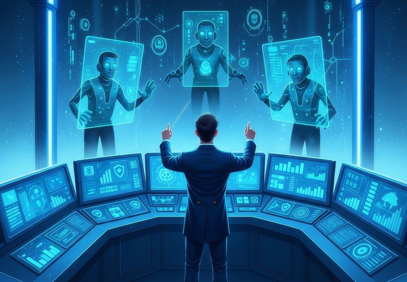A conceptual illustration of a futuristic security analyst standing on a podium in a blue-lit command center. The analyst acts as a conductor, directing a symphony of floating holographic AI agents and data streams, symbolizing the shift to an 'Agentic SOC'.